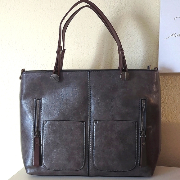Satchel Crossbody Bag Leather Look Casual Shoulder Handbag Taupe/Brown Medium - Picture 1 of 14